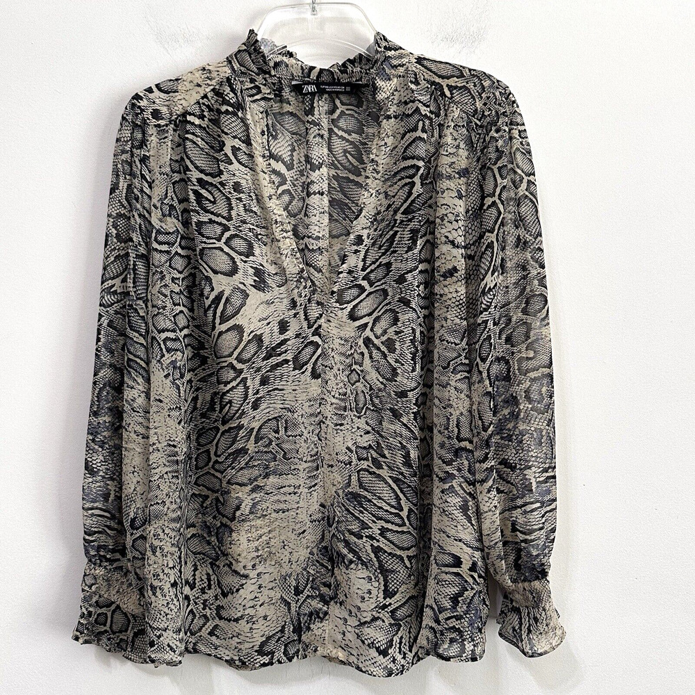 Zara Snake Print Blouse XS Sheer Chiffon V Neck Bling Cuff Button Work Sexy Top